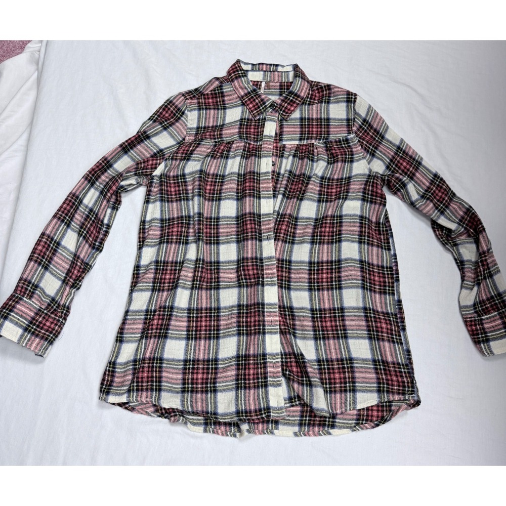Free People Plaid Button Down Shirt Red PinkWhite Black Wool Blend Size Large
